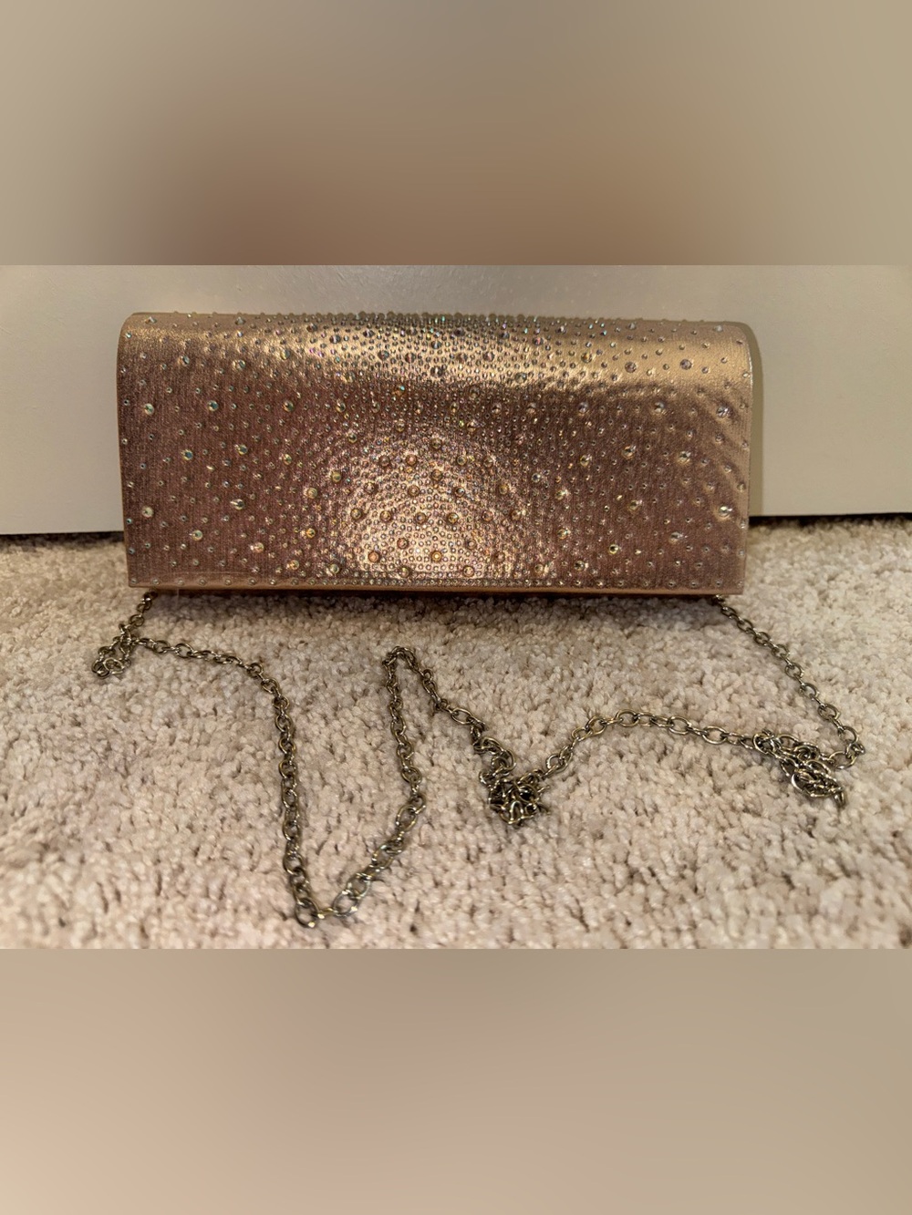 Sparkling Rose Gold Clutch Bag with Chain Strap